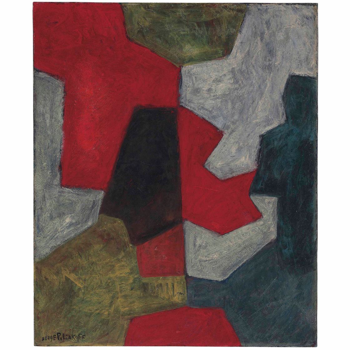 Serge Poliakoff — Абстрактная композиция: Румяна, Грим и зелень (Абстрактная композиция: Красный, серый и зеленый)