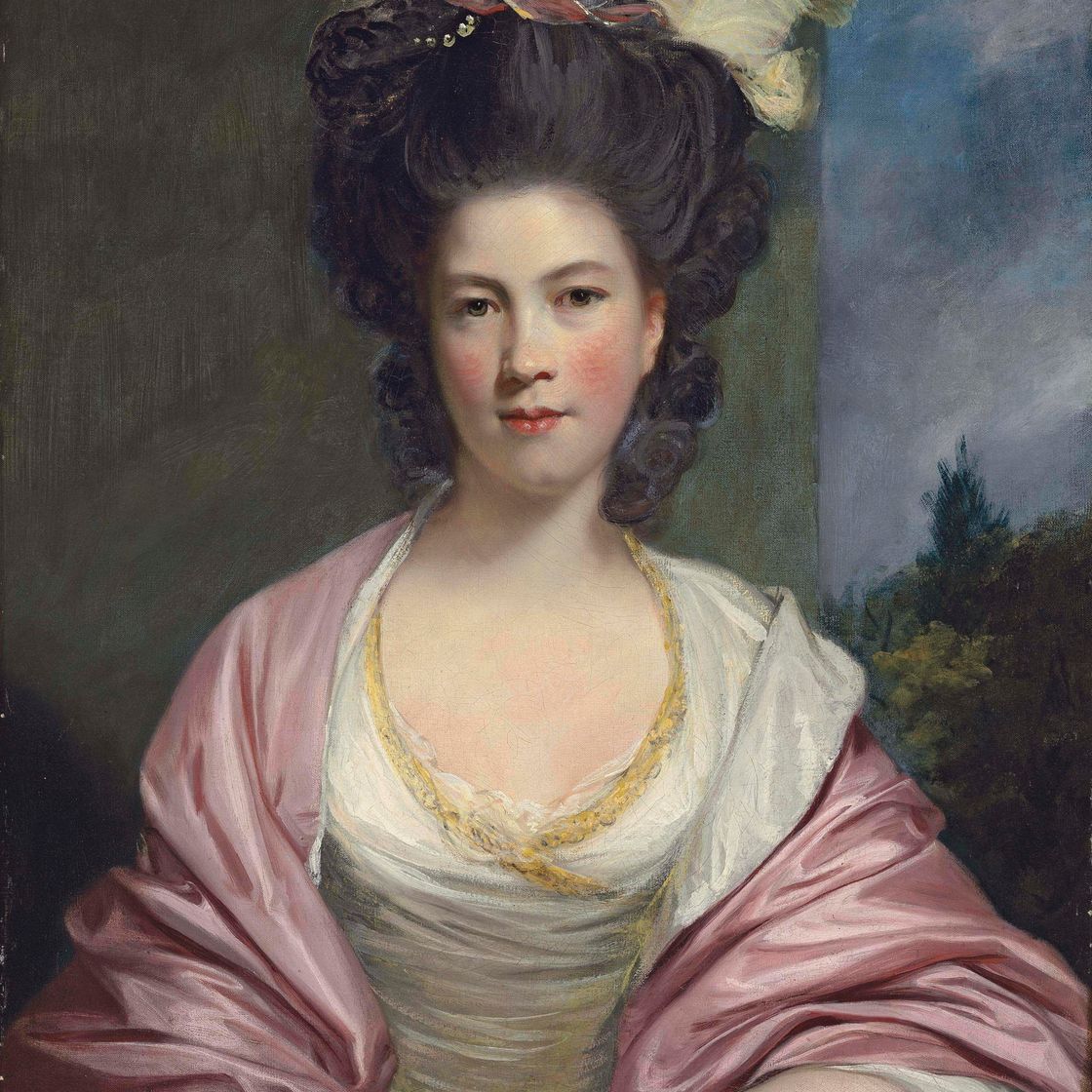 Sir Joshua Reynolds — Портрет Элизабет, леди Форбс (ок. 1750-1802), в полный рост, в белом платье и розовой накидке, с перьями, лентами и жемчугом в волосах