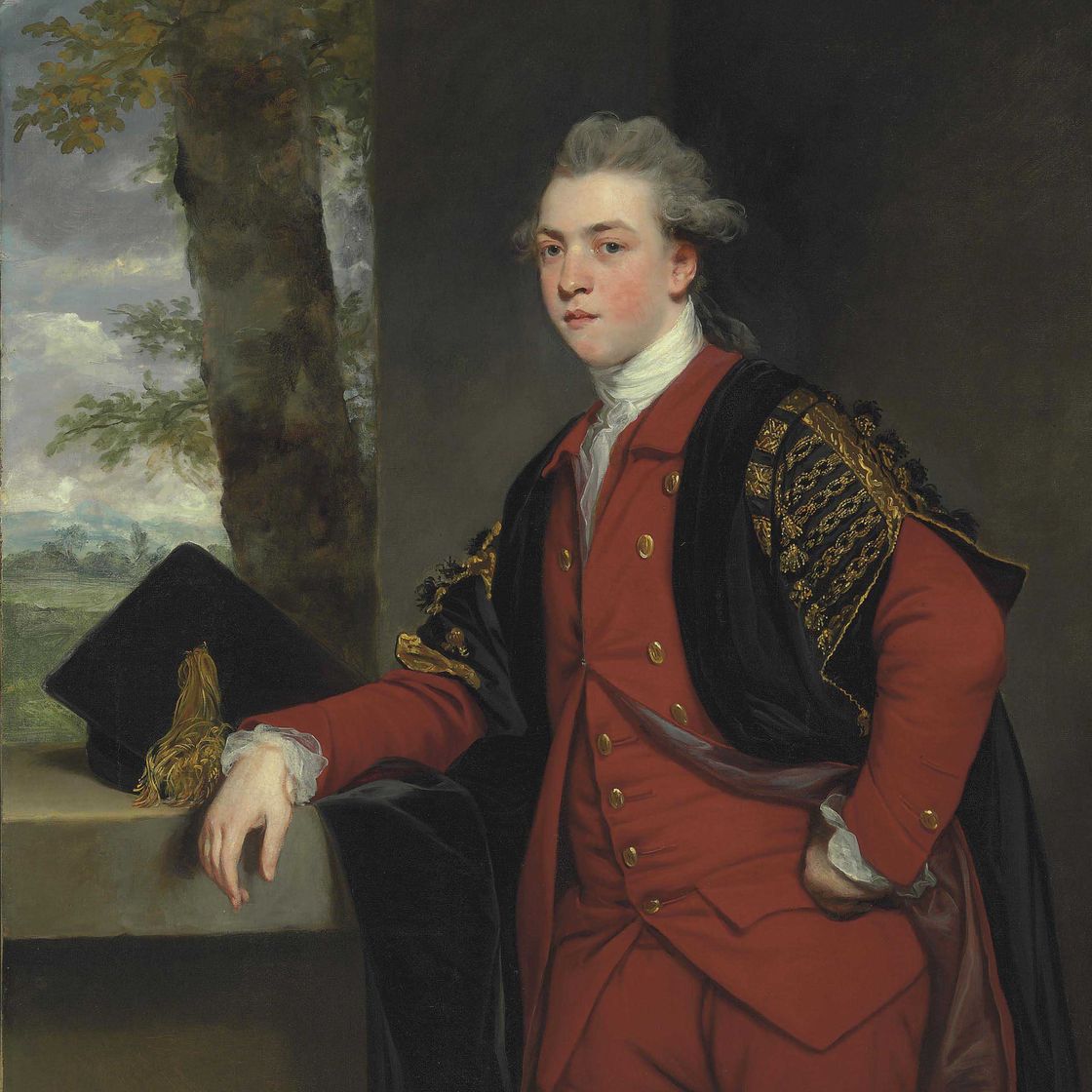 Sir Joshua Reynolds — Портрет Фрэнсиса Бассета, впоследствии 1-го барона де Данстанвилль и Бассет (1757-1835), стоящего в три четверти роста, в красном костюме и мантии бакалавра, рядом с ним на стене доска для раствора