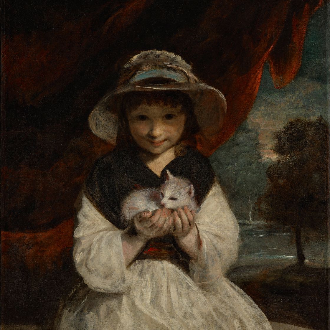 Sir Joshua Reynolds — Молодая девушка держит на руках свою кошку, а вдалеке виден пейзаж, изображение 1