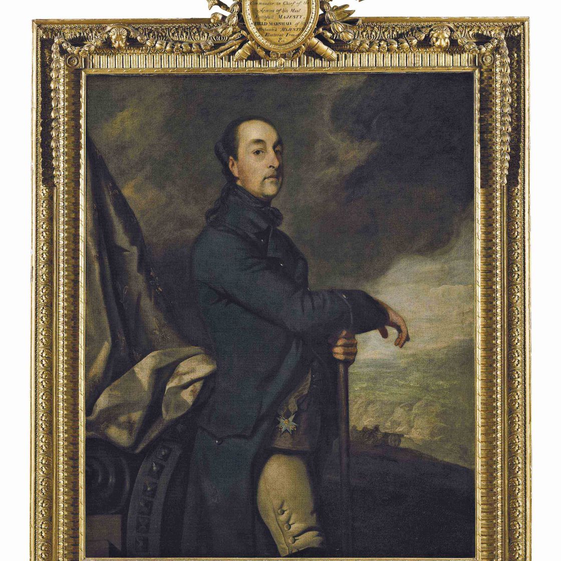 Sir Joshua Reynolds — Портрет Фридриха Вильгельма Эрнеста, графа фон Шаумбург-Липпе (1724-1777), в три четверти роста, в синем мундире ганноверского фельдмаршала с лентой прусского Черного орла, битва за