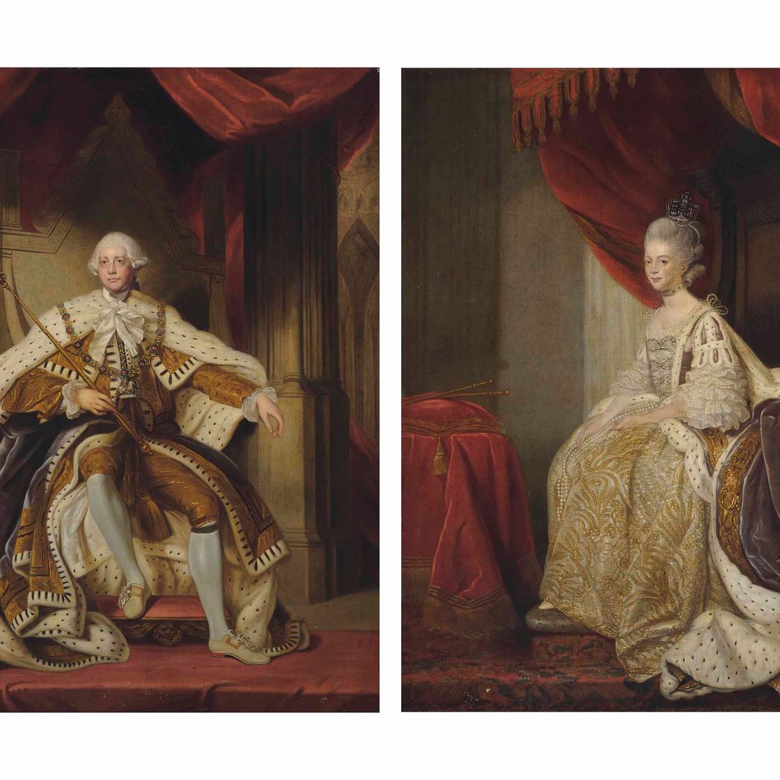 Sir Joshua Reynolds — Портрет короля Георга III (1738-1820) в полный рост, сидящего в парадных одеждах, в интерьере; и портрет королевы Шарлотты (1744-1818), сидящей в полный рост в коронационных одеждах, в интерьере