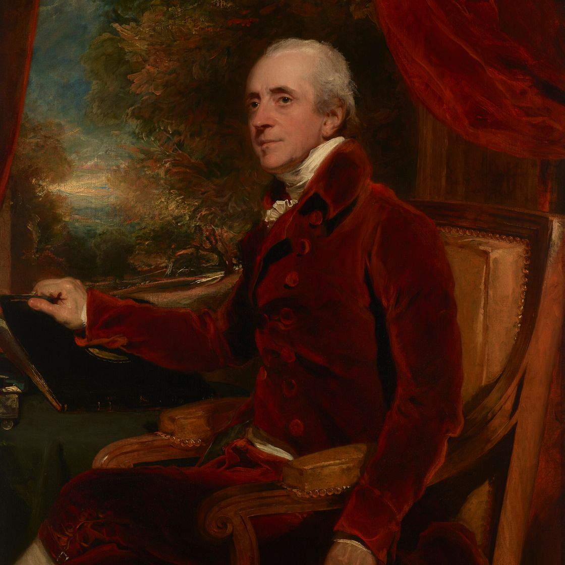 Sir Thomas Lawrence — Портрет Уильяма Бейкера (1743-1824), сидящего в три четверти роста, в красном фраке, на фоне пейзажа, изображение 1
