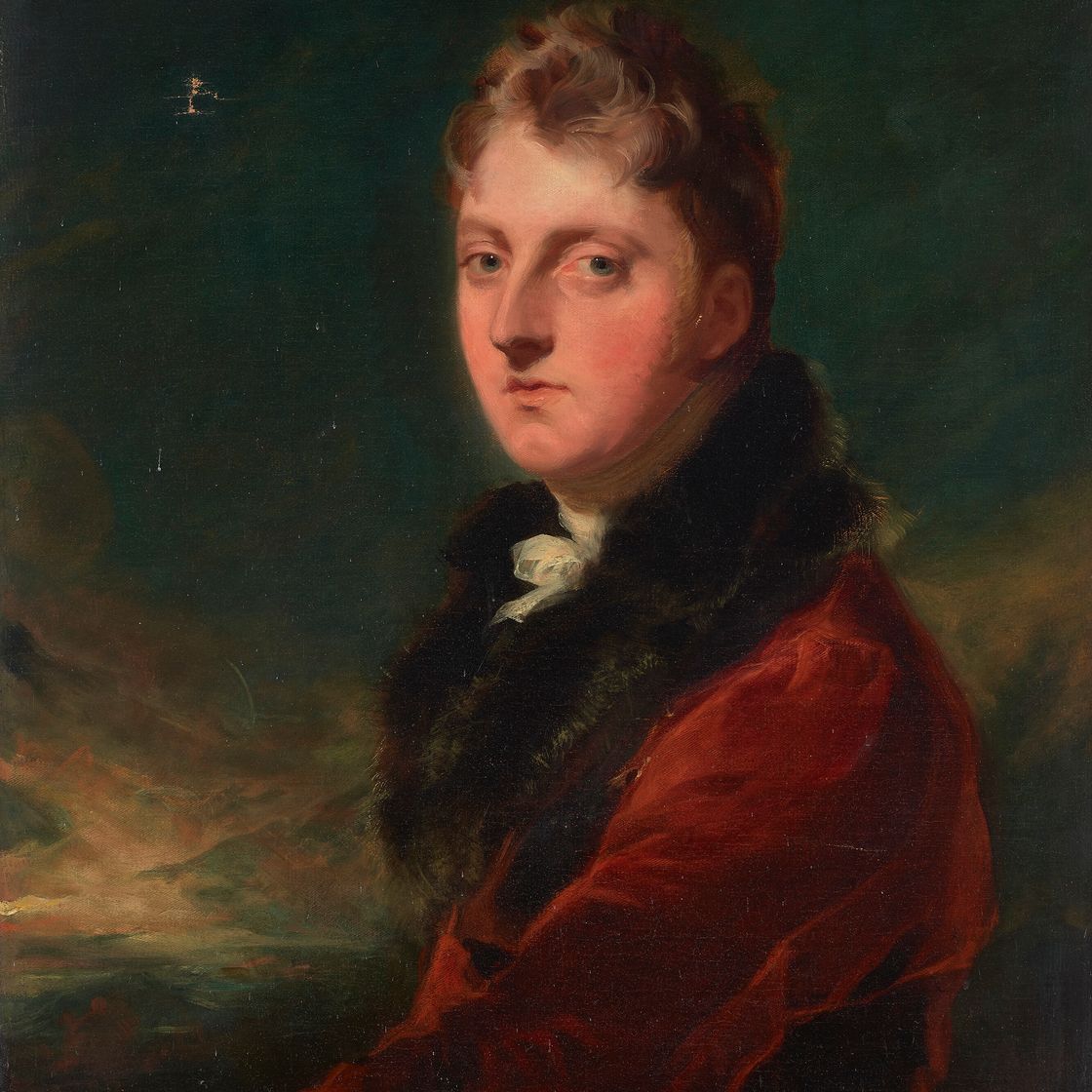 Sir Thomas Lawrence — Портрет джентльмена, традиционно идентифицируемого как мастер Грегори Шоу, в полный рост, в красном сюртуке, на фоне пейзажа, изображение 1
