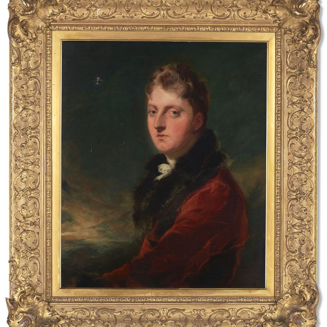 Sir Thomas Lawrence — Портрет джентльмена, традиционно идентифицируемого как мастер Грегори Шоу, в полный рост, в красном сюртуке, на фоне пейзажа, изображение 2