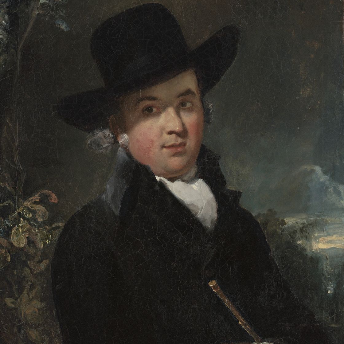 Sir Thomas Lawrence — Портрет преподобного Эндрю Лоуренса (1755-1821), в полный рост, в темном пальто и шляпе, с тростью в руках, на фоне пейзажа