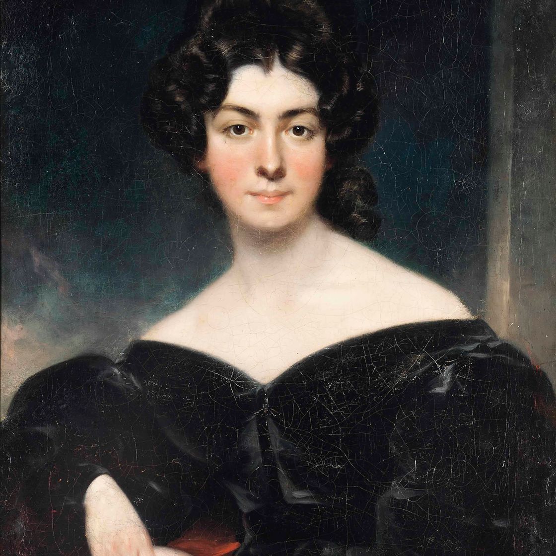 Sir Thomas Lawrence — Портрет дамы, традиционно именуемой леди Поллок, в полный рост, в черном платье и красной шали