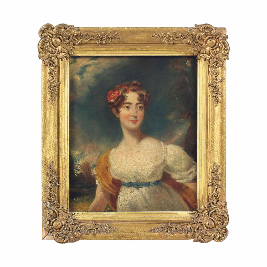 Sir Thomas Lawrence — Портрет леди Эмили Харриет Уэлсли-Поул, позже леди Фицрой Сомерсет (1792-1881), в полный рост, в белом платье, на фоне пейзажа