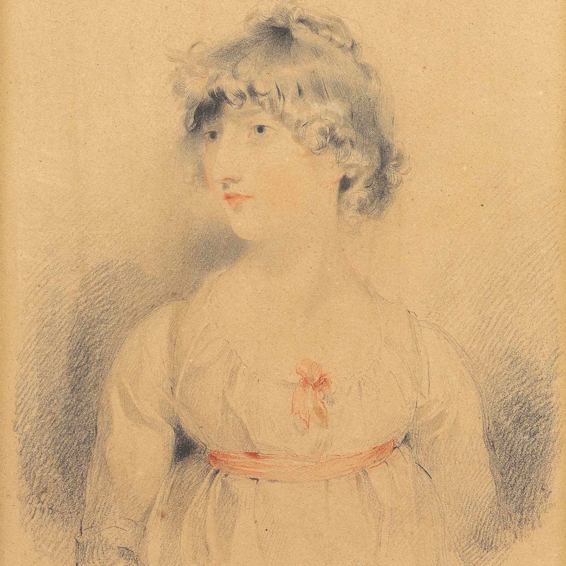 Sir Thomas Lawrence — Портрет мисс Сэмпл, в полный рост, в белом платье с красным поясом и бантом