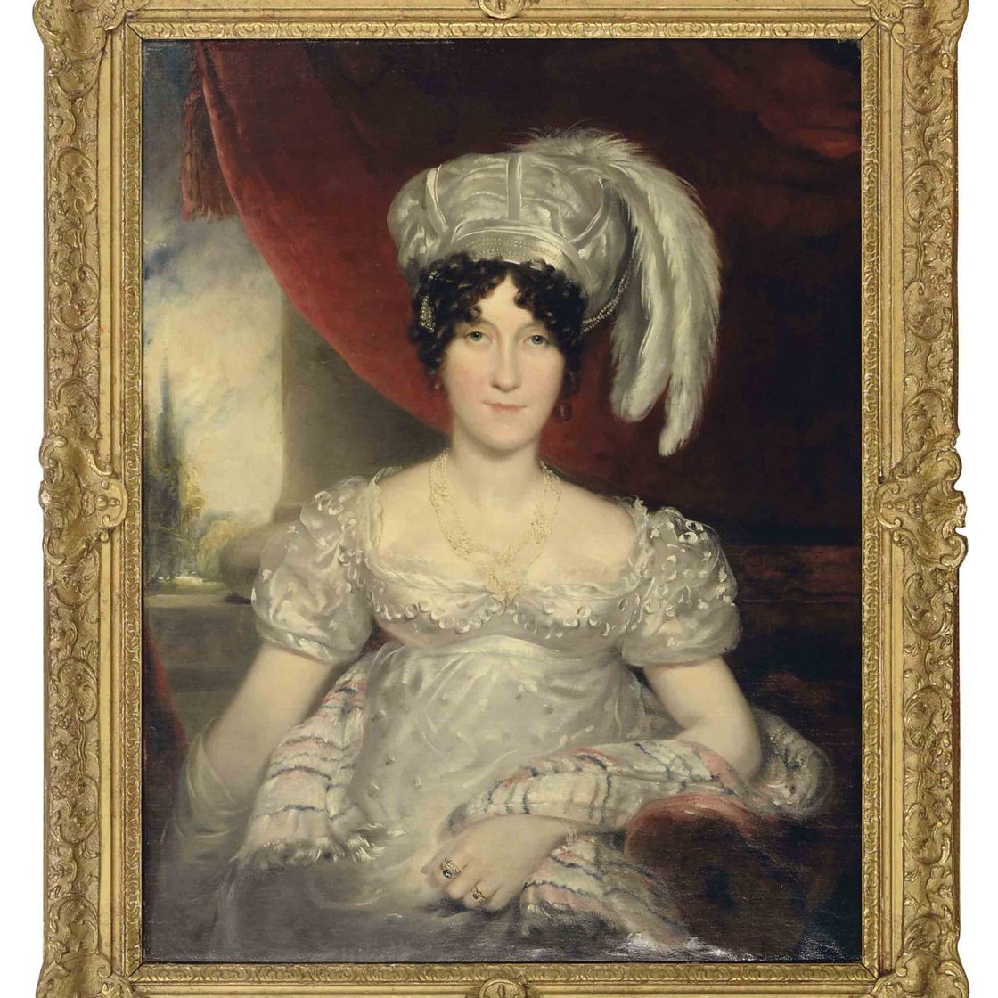 Sir Thomas Lawrence — Портрет дамы в декоративном белом платье и белом головном уборе с перьями