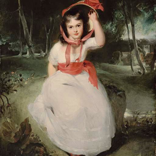 Sir Thomas Lawrence — "Лесная дева": Портрет мисс Эмили де Висм (1787-1873), в полный рост, сидящей на фоне лесного пейзажа, в белом платье с розовым поясом и соломенной шляпке с красными лентами.