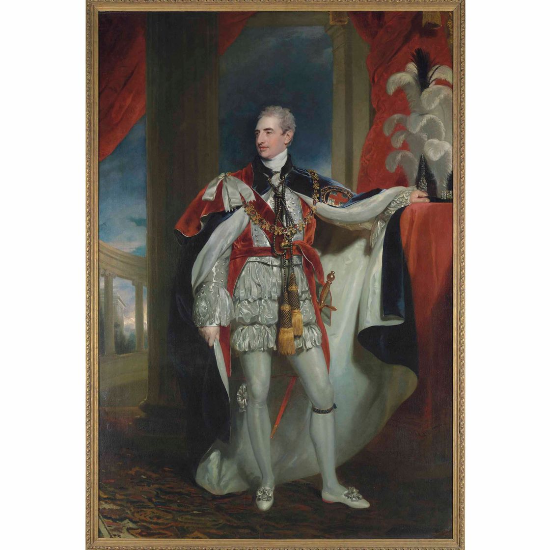 Sir Thomas Lawrence — Портрет Роберта Стюарта, виконта Каслри, 2-го маркиза Лондондерри, короля Англии, члена парламента (1769-1822), в полный рост, в мантии пэра с подвязкой и воротничком, которые носили на коронации Георга IV, его левая рука покоится на высоком возвышении перед задернутым занавесом.