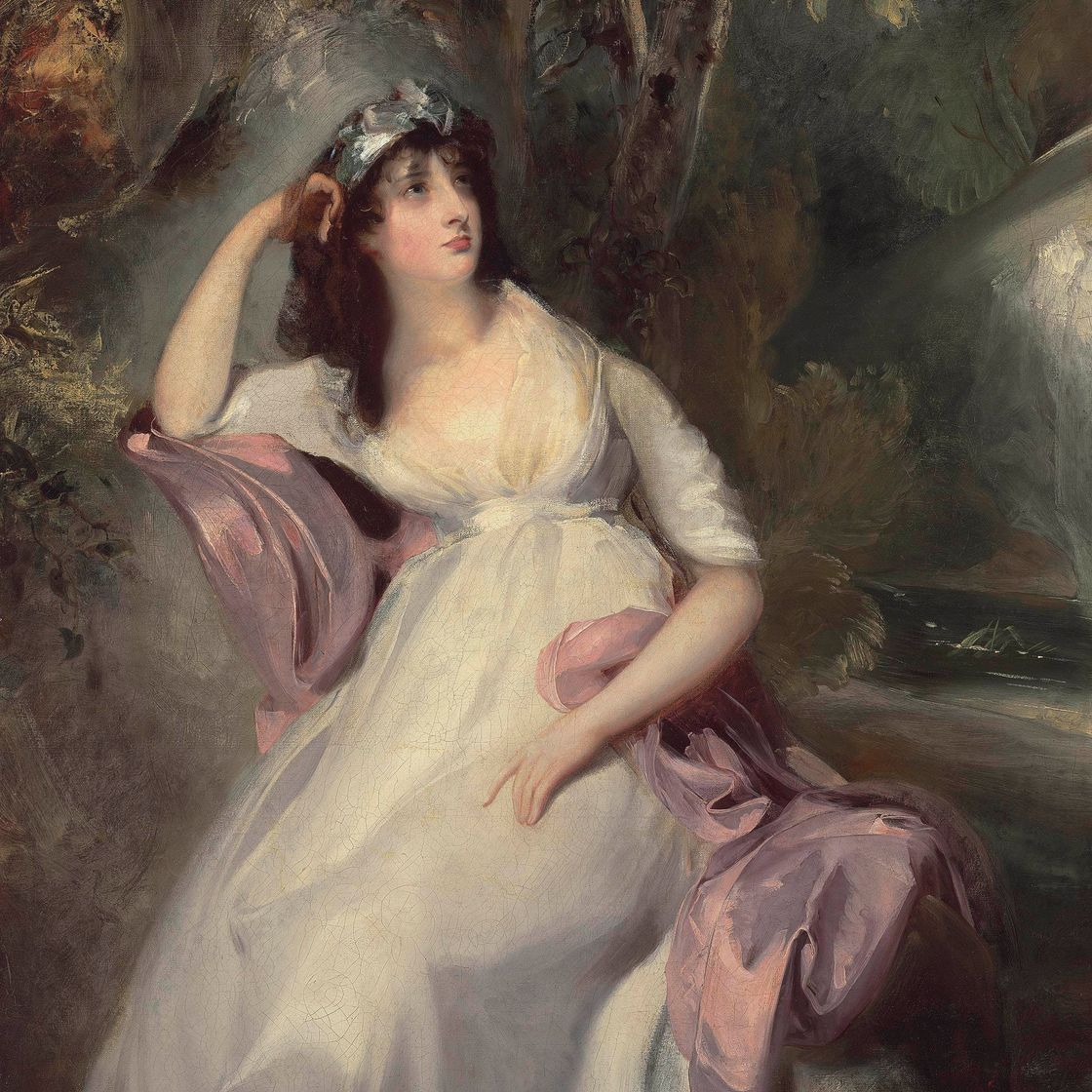 Sir Thomas Lawrence — Портрет Сары Марты (Салли) Сиддонс (1775-1803), дочери актрисы Сары Сиддонс, в три четверти роста, в белом платье с розовой шалью, сидящей у пруда на фоне лесистого пейзажа