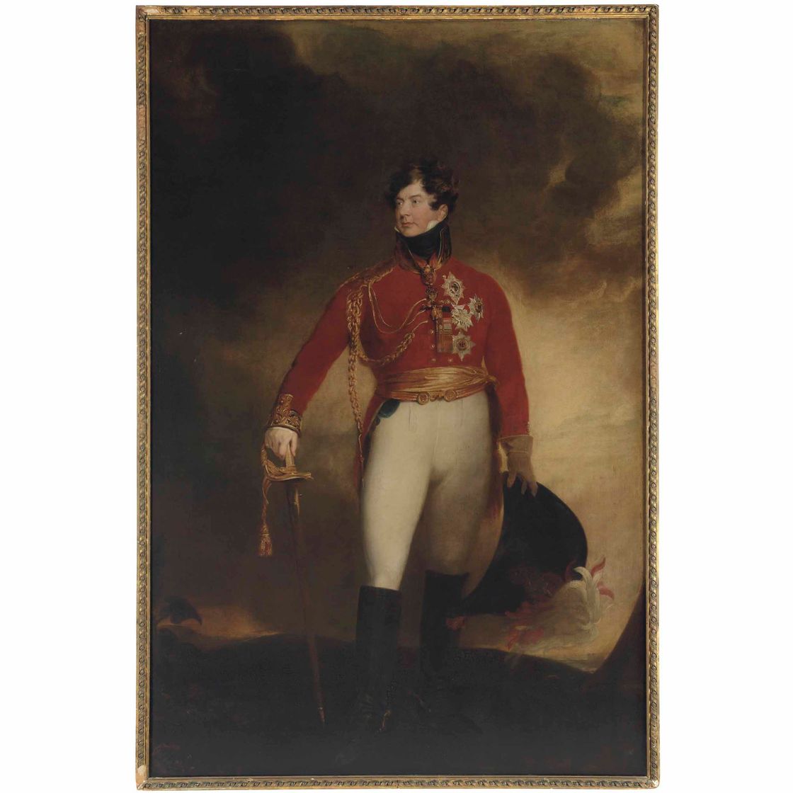Sir Thomas Lawrence — Портрет принца-регента, впоследствии Георга IV (1762-1830), в полный рост, в военной форме, с правой рукой, лежащей на эфесе шпаги, на фоне пейзажа