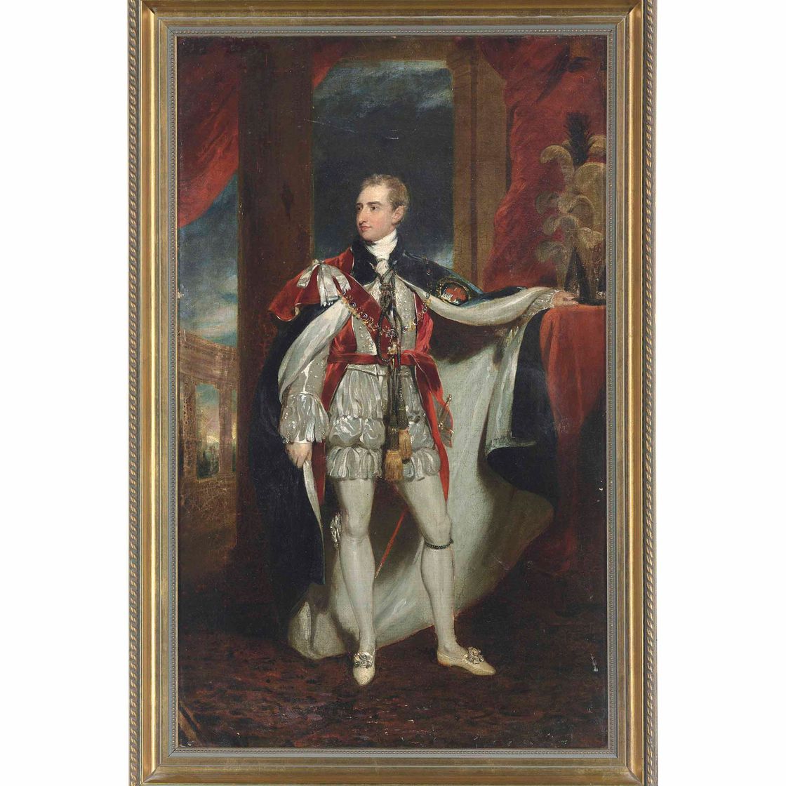 Sir Thomas Lawrence — Портрет Роберта Стюарта, виконта Каслри, 2-го маркиза Лондондерри, короля Англии, члена парламента (1769-1822), в полный рост, в мантии пэра с подвязкой и воротничком, какие носили на коронации Георга IV, его левая рука покоится на высоком помосте, перед задрапированным портьерой портретом. занавес