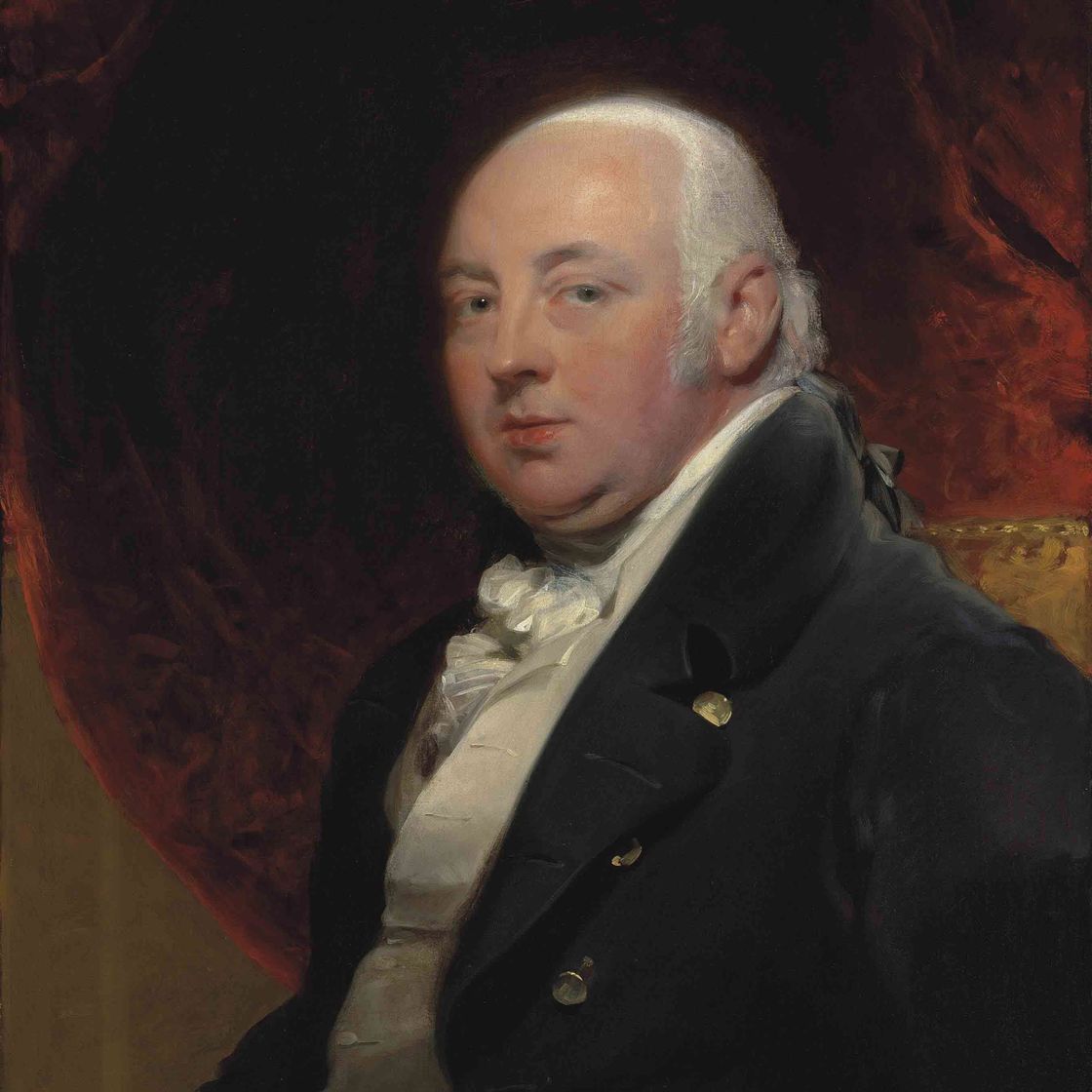 Sir Thomas Lawrence — Портрет Томаса Пенриса, в полный рост, сидящего в синем сюртуке перед задернутым красным занавесом