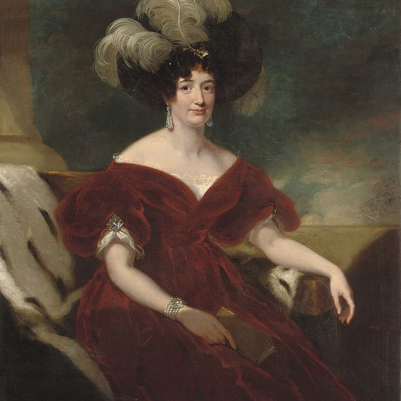 Sir Thomas Lawrence — Портрет дамы в три четверти роста, сидящей в красном бархатном платье и шляпе с черным пером