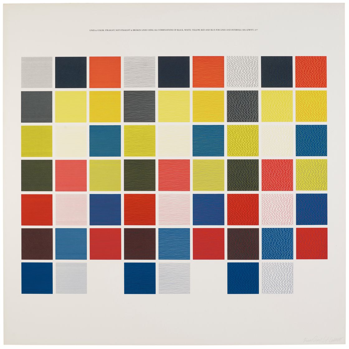 Sol LeWitt — Линии и цвет. Прямые, непрямые и ломаные линии С использованием всех комбинаций черного, белого, желтого, красного и синего цветов для линий и интервалов