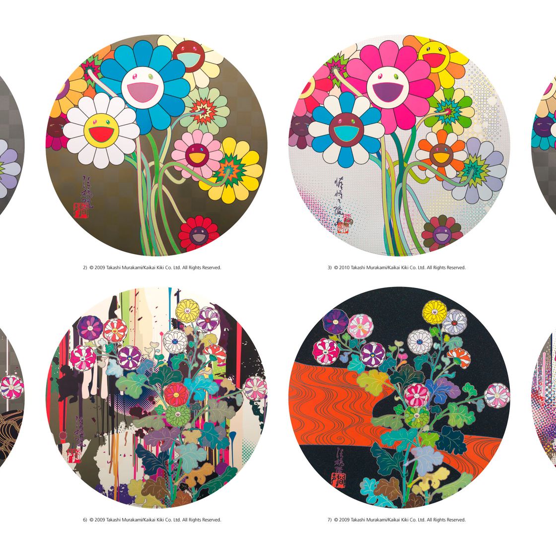 Takashi Murakami — Уорхол/Серебро; Цветы для Элджернона; Даже в Цифровом мире есть цветы, которые можно предложить!; Фиолетовые цветы в букете; Кансель: Как течение реки; Вспоминаю то время, когда Мои ноги совсем чуть-чуть отрывались от Земли - Корин - Хризантема; Кансей - Красный поток Кори; & Кансей: Абстракция