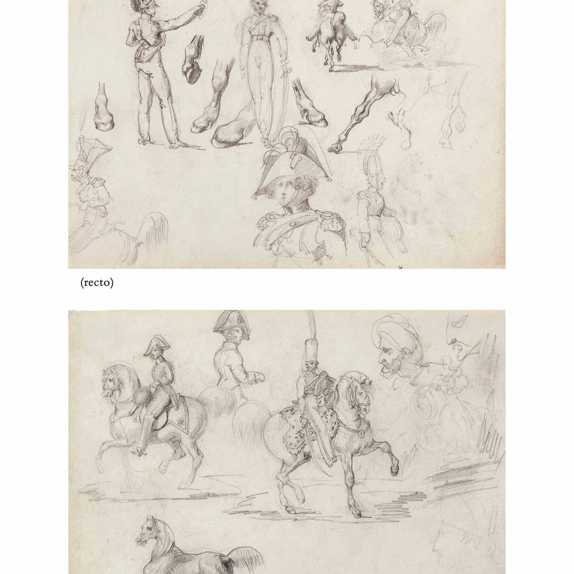 Théodore Géricault — Портреты офицеров и кавалеров (лицевая сторона ), портреты офицеров, кавалеров и двух мужчин в тюрбанах, портрет Наполеона в профиль (оборотная сторона )