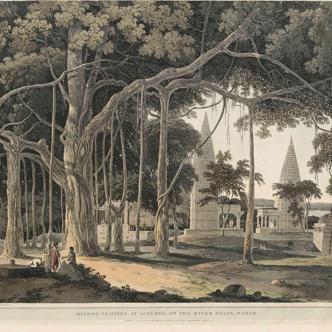 Thomas Daniell — Индуистские храмы в Агури, на реке Соан, Бахар; Вид на северо-западную часть Ротас-Гура, Бахар; и Священное дерево индусов в Гьяре, Бахар (Abbey Travel, 420, pls. 20, 21, 16)