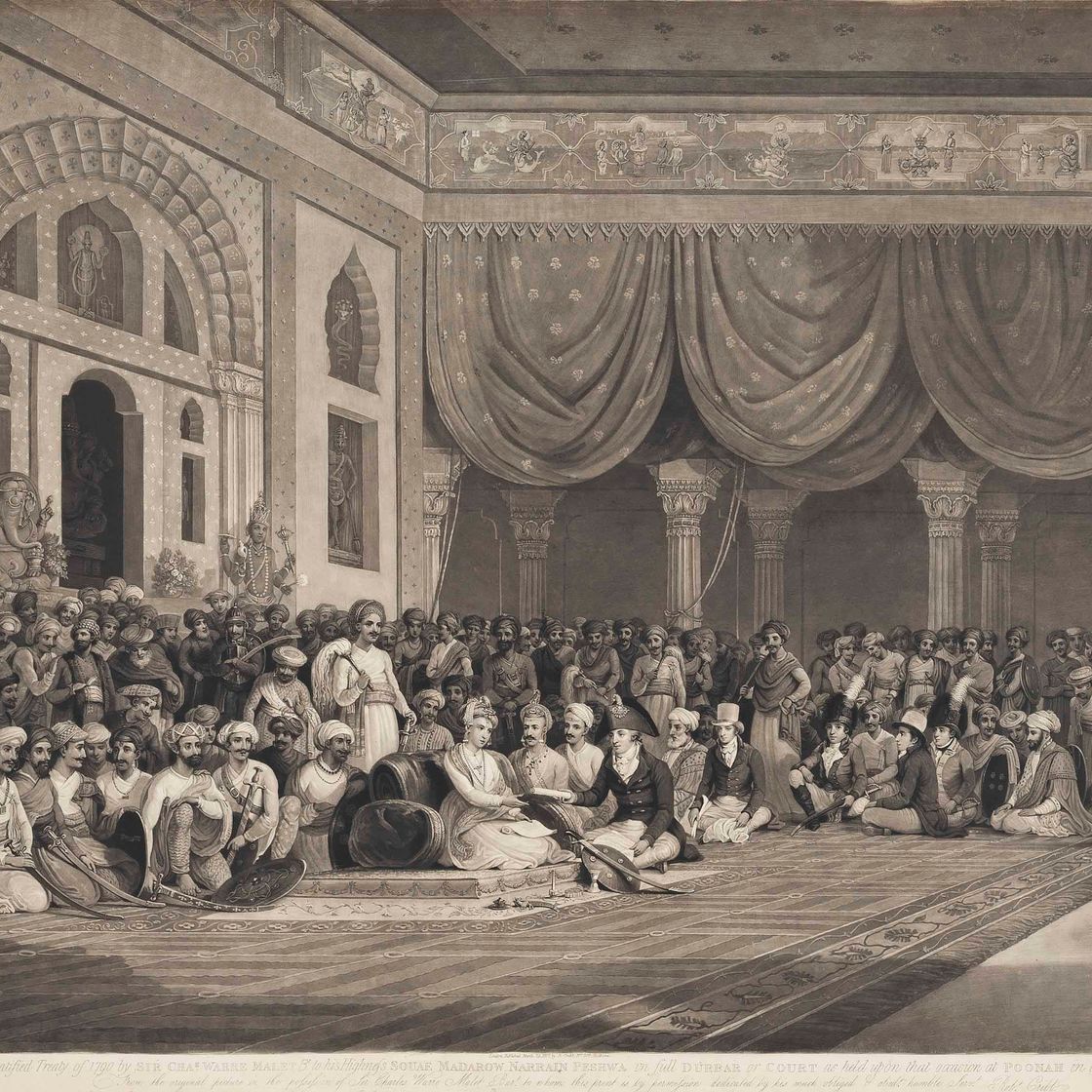 Thomas Daniell — Представление о вручении ратифицированного договора 1790 года сэром Чезом. Уорре Мале, Великобритания. его высочеству Суае Мадарову Наррайну Пешве в полном составе на Дурбаре или при дворе, состоявшемся по этому случаю в Пуне в Ост-Индии 6 августа. 1790