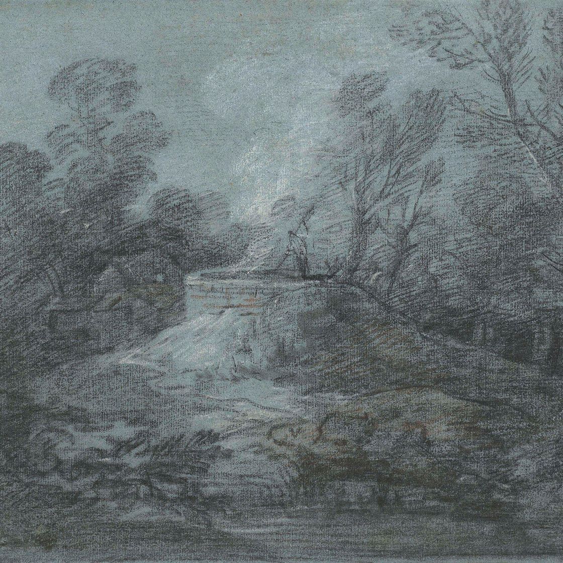 Thomas Gainsborough — Лесистый пейзаж с фигурой, печью для обжига извести и хозяйственными постройками