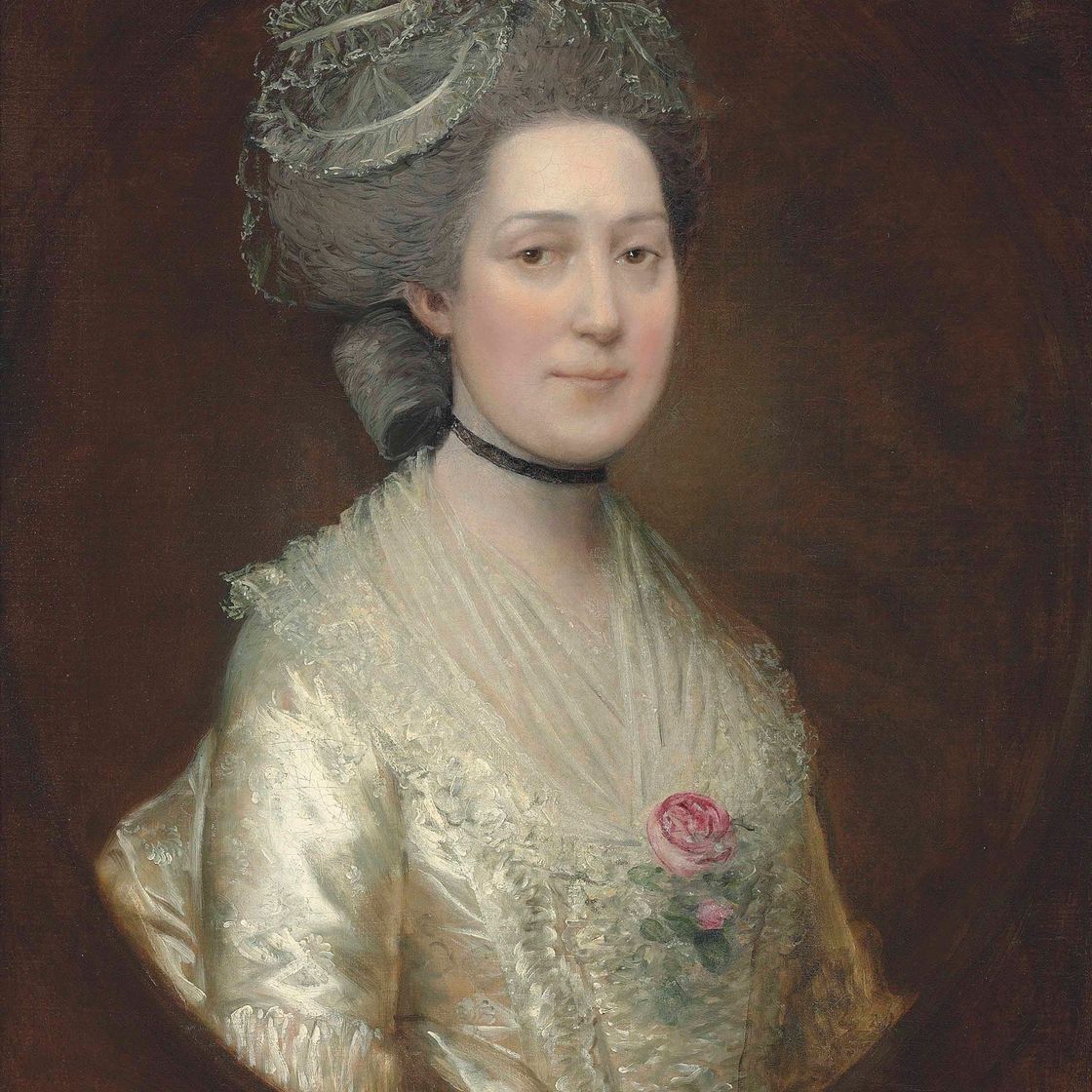 Thomas Gainsborough — Портрет Сары Лэнгстон, во весь рост, в белом шелковом платье с розой на груди