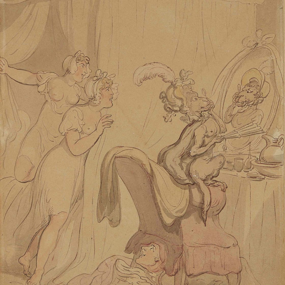 Thomas Rowlandson — Девушки наблюдают за обезьяной, которая прихорашивается перед зеркалом, а молодой человек сидит под стулом