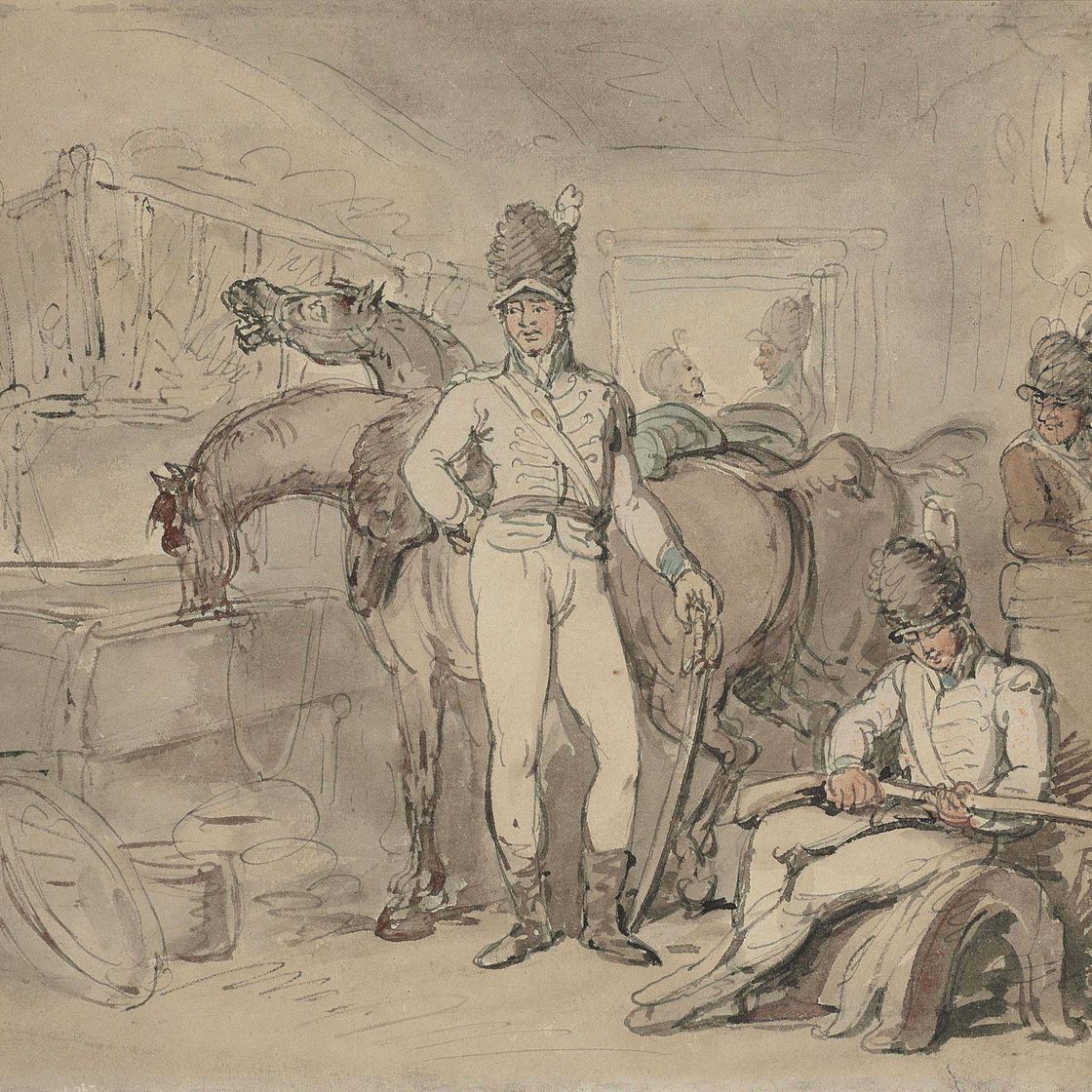 Thomas Rowlandson — Солдаты со своими лошадьми в конюшнях