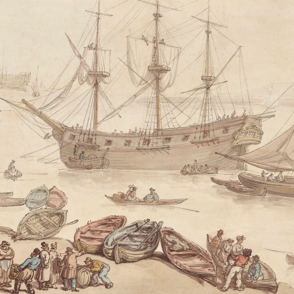 Thomas Rowlandson — Большие корабли стоят на якоре, вероятно, в Портсмуте; и грузятся на корабли, вероятно, в Портсмуте, изображение 3