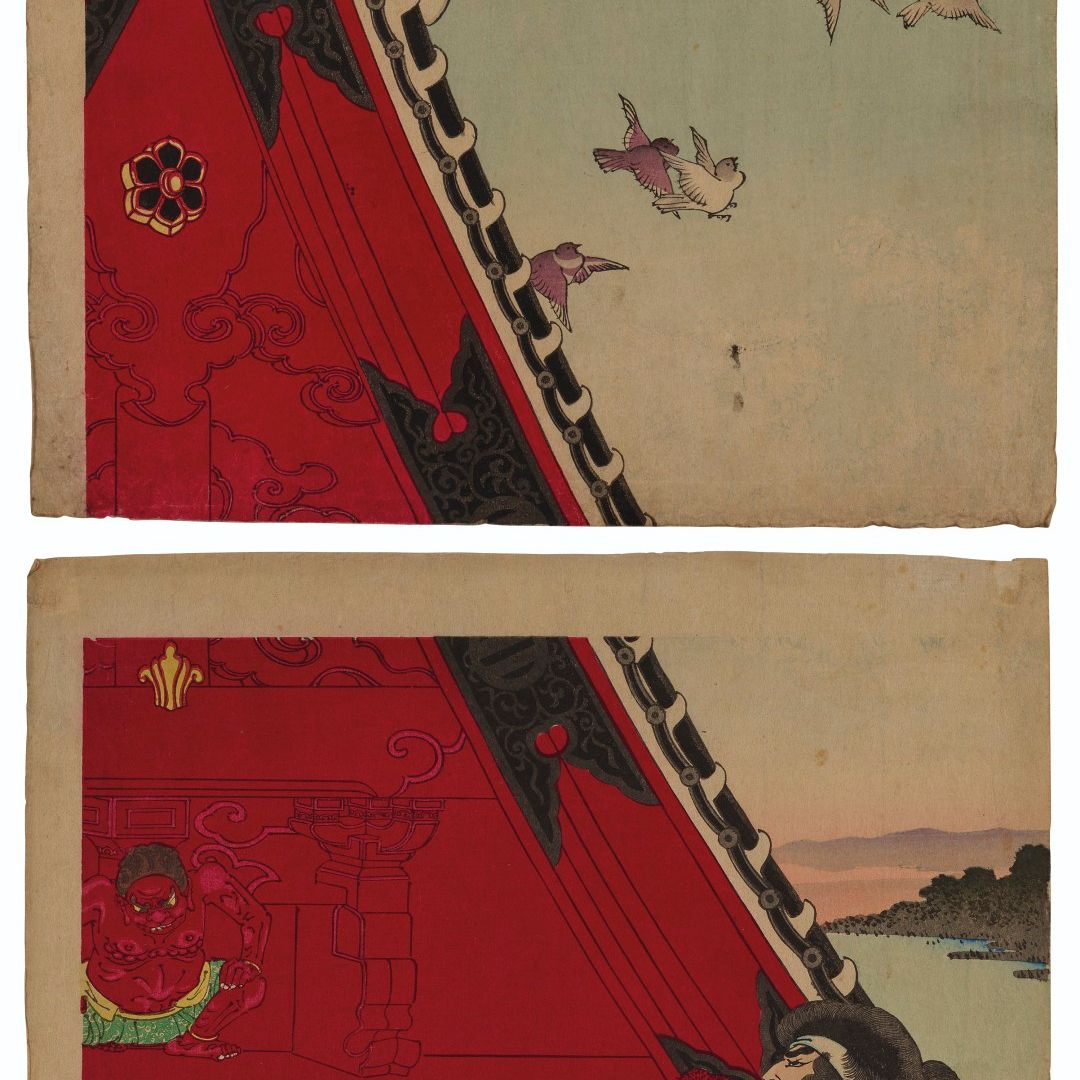 Tsukioka Yoshitoshi — Хорюкаку рею цутому (Двое храбрецов на крыше Хорюкаку), изображение 1