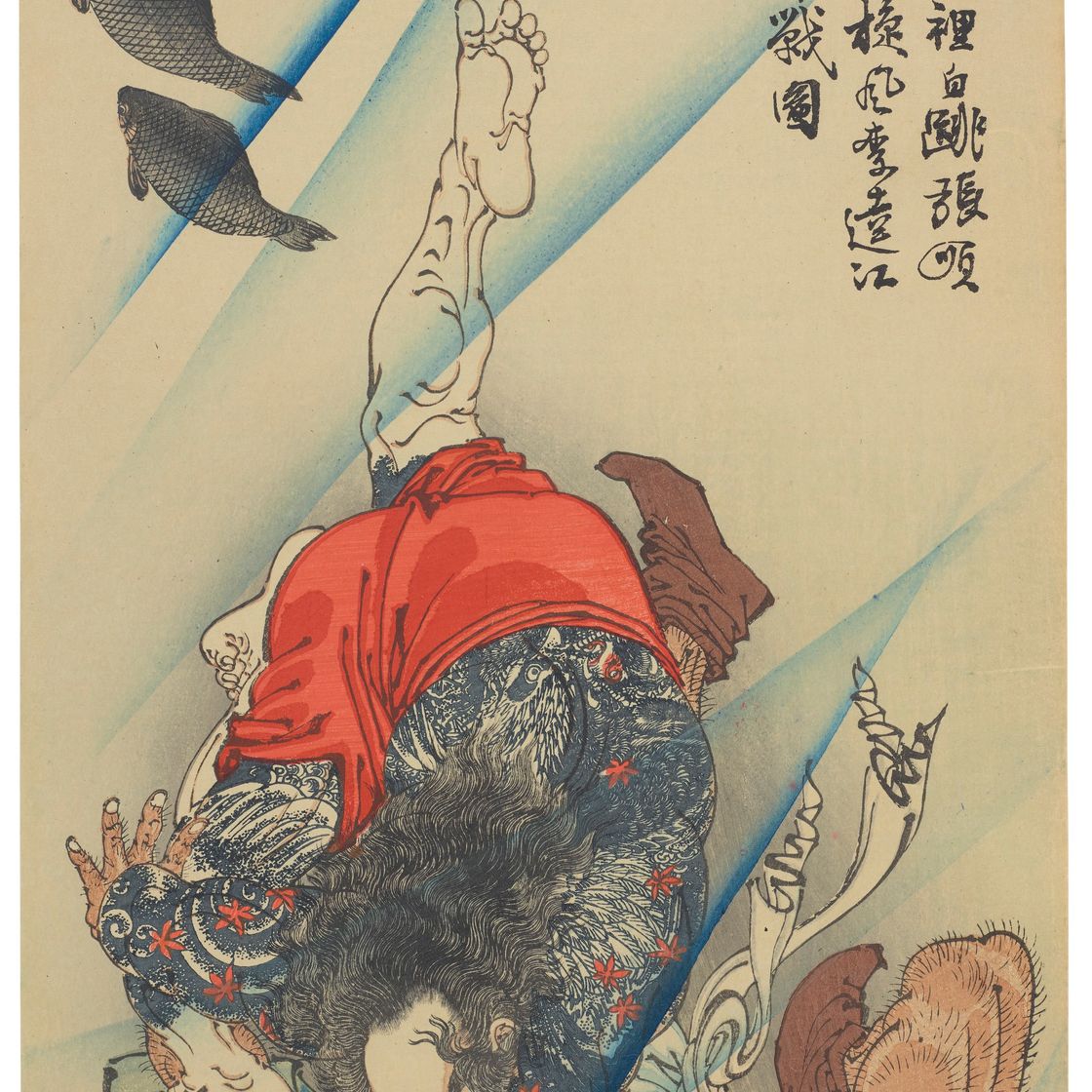 Tsukioka Yoshitoshi — Чо Чжун, белая полоса в волнах, борется в реке с Ри Ки, Черным вихрем., изображение 2