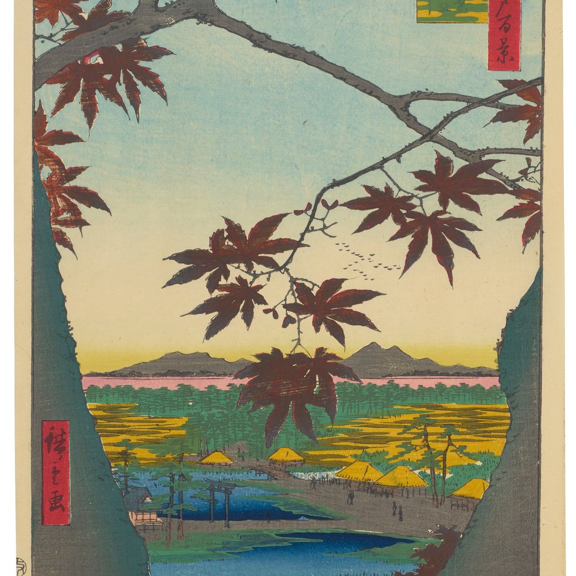Utagawa Hiroshige — Красные клены на горе Мама и в храме Текона