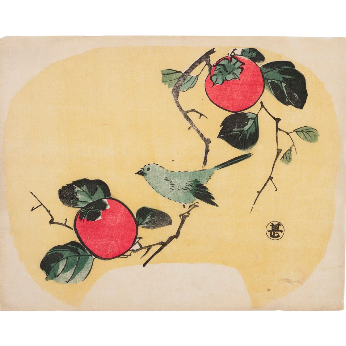 Utagawa Hiroshige — Рисунок в виде веера (учива-э) из хурмы и птицы