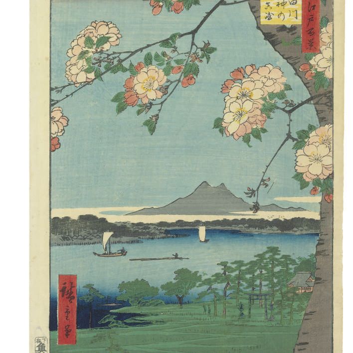 Utagawa Hiroshige — Сумидагава Суйд-дзин-но-мори Масаки (Масаки и роща Суйд-дзин у реки Сумида), Мама-но-момидзи, Текона-но-ясиро Цугихаси (Клены у Мамы, храм Текона и мост Цугихаси). Онмаягаши