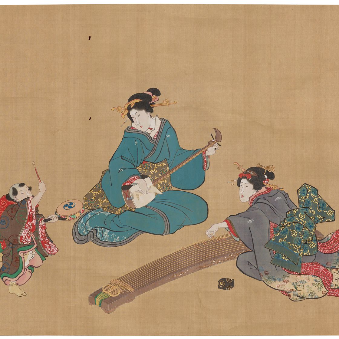 Utagawa Kunisada — Красавицы и ребенок, играющий на музыкальных инструментах