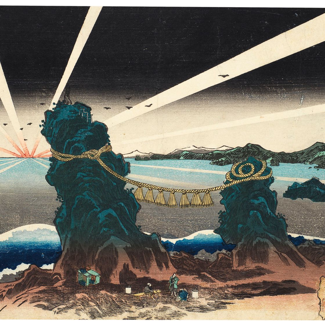 Utagawa Kunisada — Футамигаура акэбоно но дзу (Вид на рассвет у “Скал бракосочетания”, Футамигаура)
