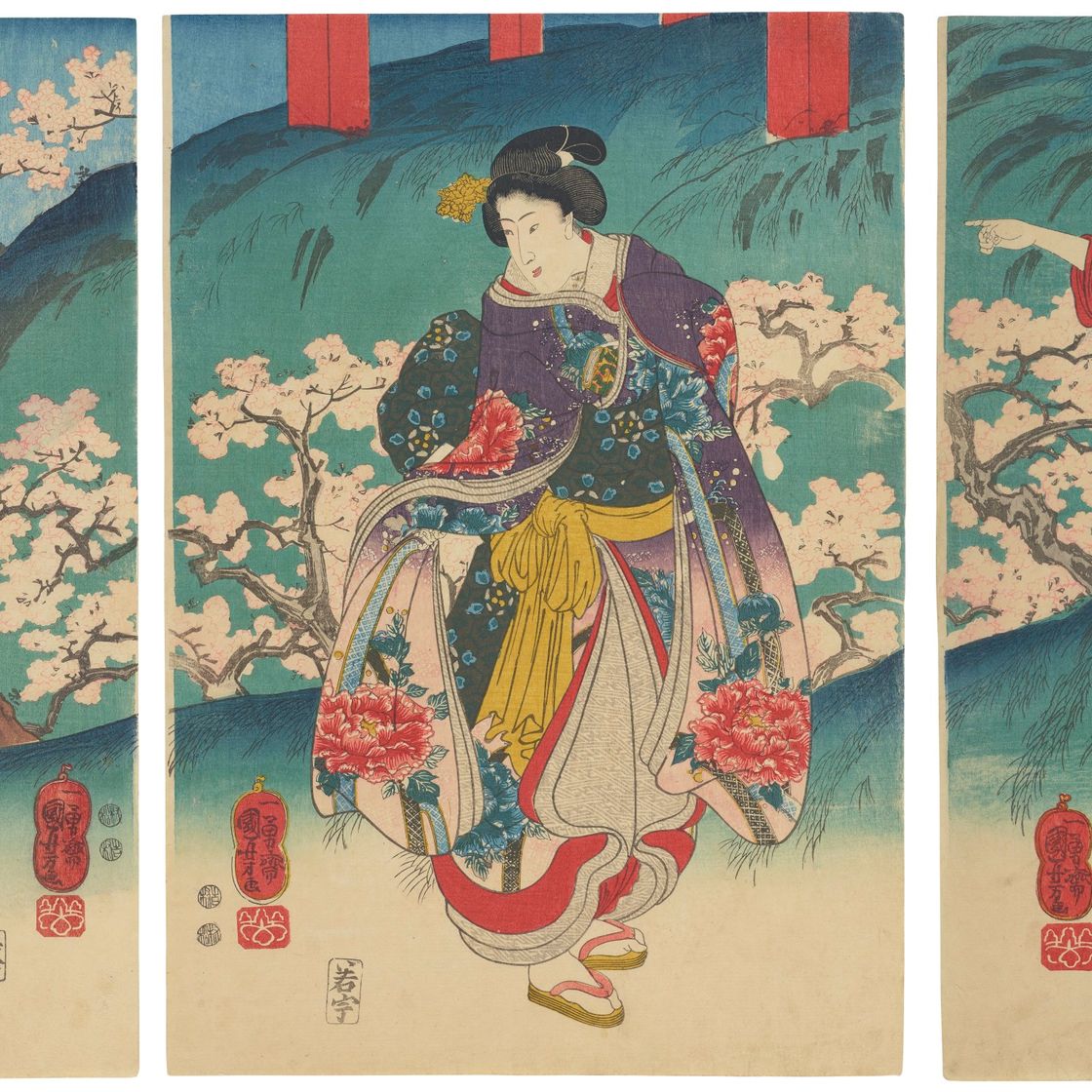 Utagawa Kuniyoshi — Любование цветущей сакурой в Тойзане, изображение 1