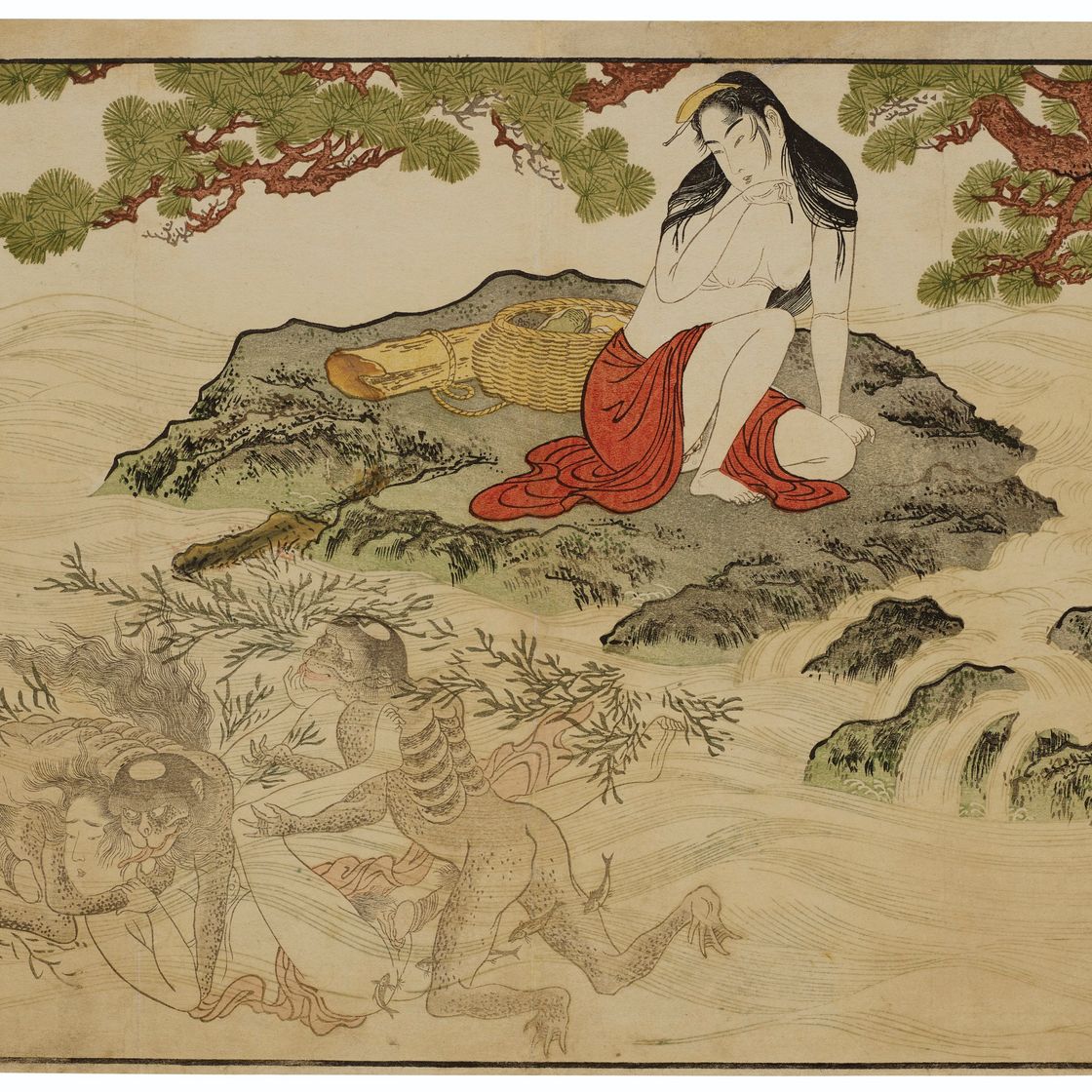 Utamaro Kitagawa — Ныряльщик за морскими ушками, изнасилованный чешуйчатым речным монстром ( каппа ), изображение 1
