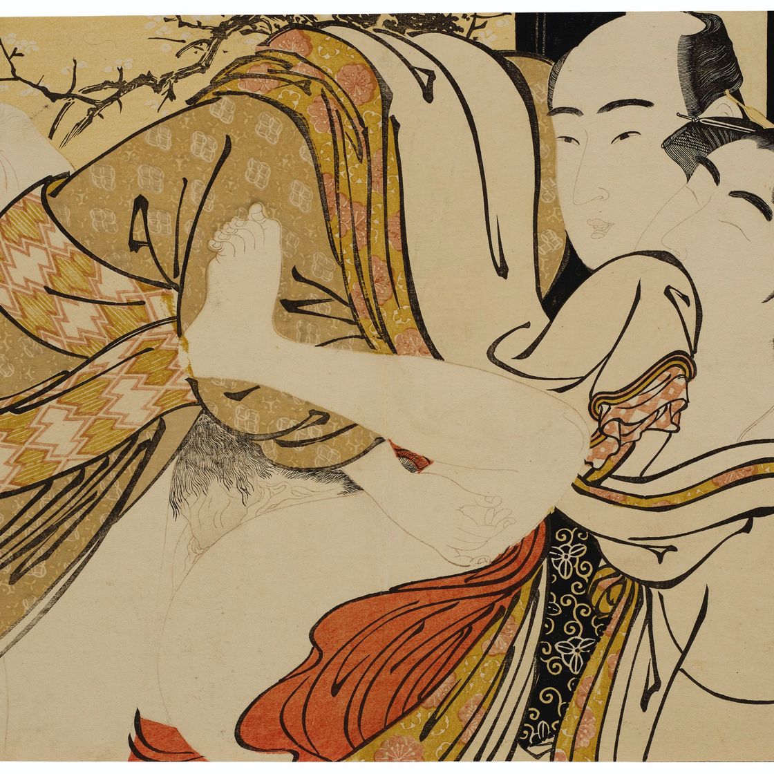 Utamaro Kitagawa — Влюбленные перед цветущей сливой и бамбуковыми ширмами, изображение 1