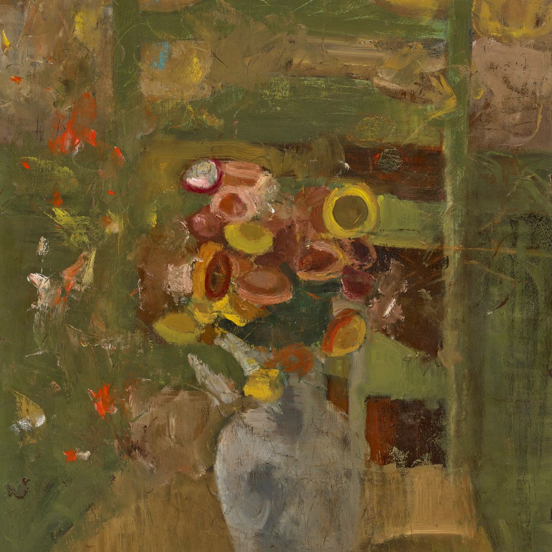Victor Pasmore — Натюрморт с цинниями и зеленым стулом, изображение 1