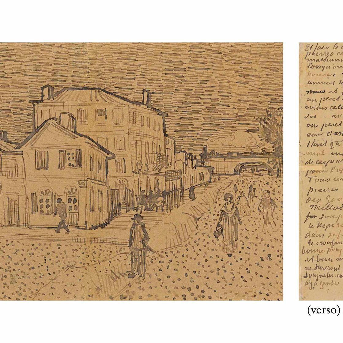 Vincent van Gogh — Дом Винсента в Арле (La maison jaune) ( справа); страница из письма Винсента своему брату Тео (обратная сторона)