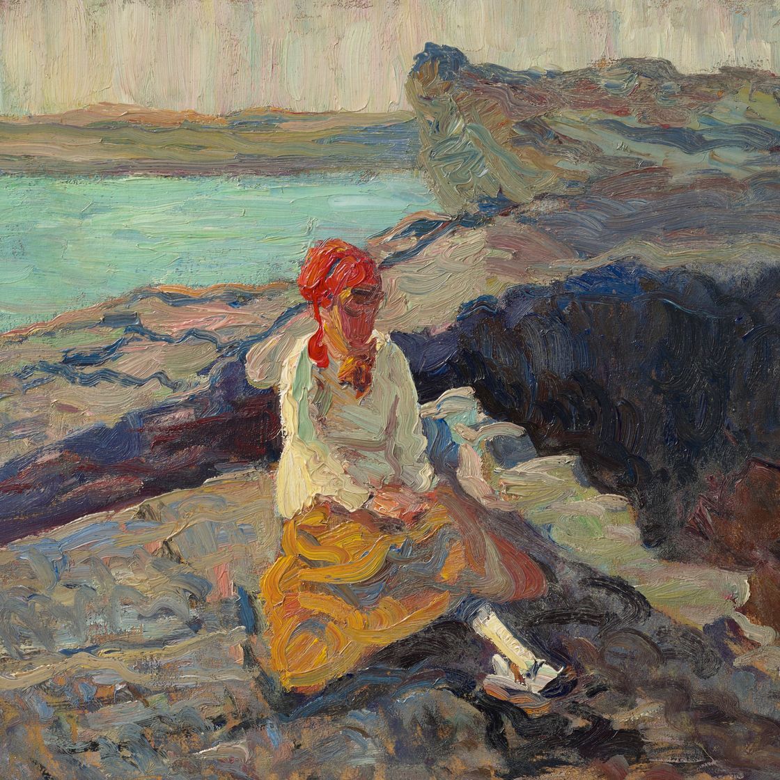 Walt Kuhn — Женщина в красном шарфе на берегу моря, изображение 1
