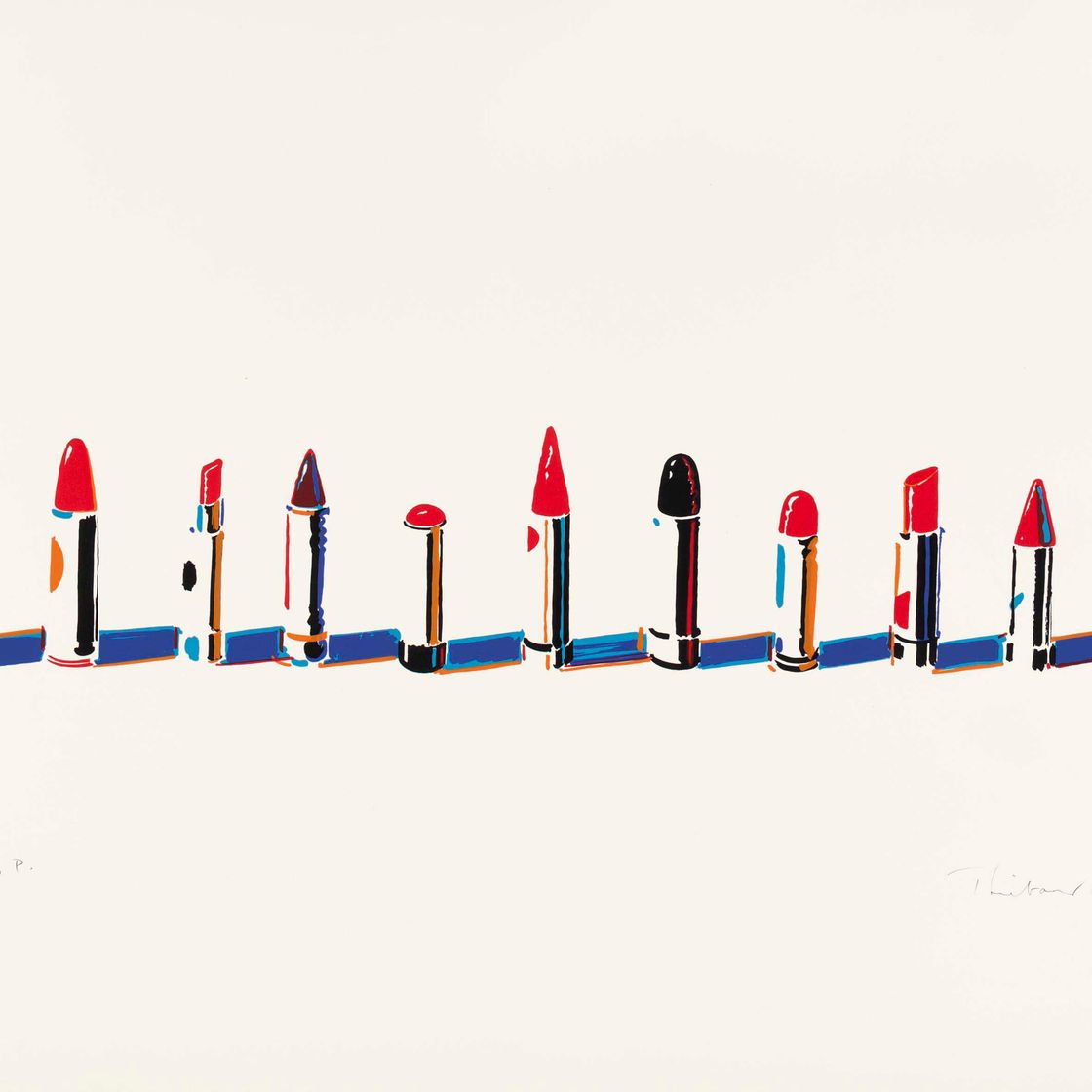 Wayne Thiebaud — Ряд губных помад, состоящий из семи натюрмортов и кролика