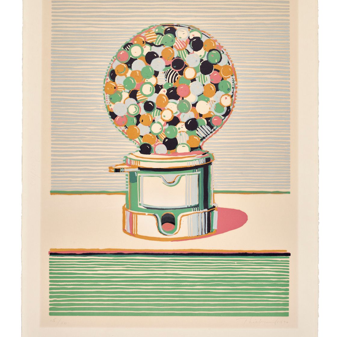 Wayne Thiebaud — Автомат для приготовления жевательной резинки из семи натюрмортов и серебряного пейзажа