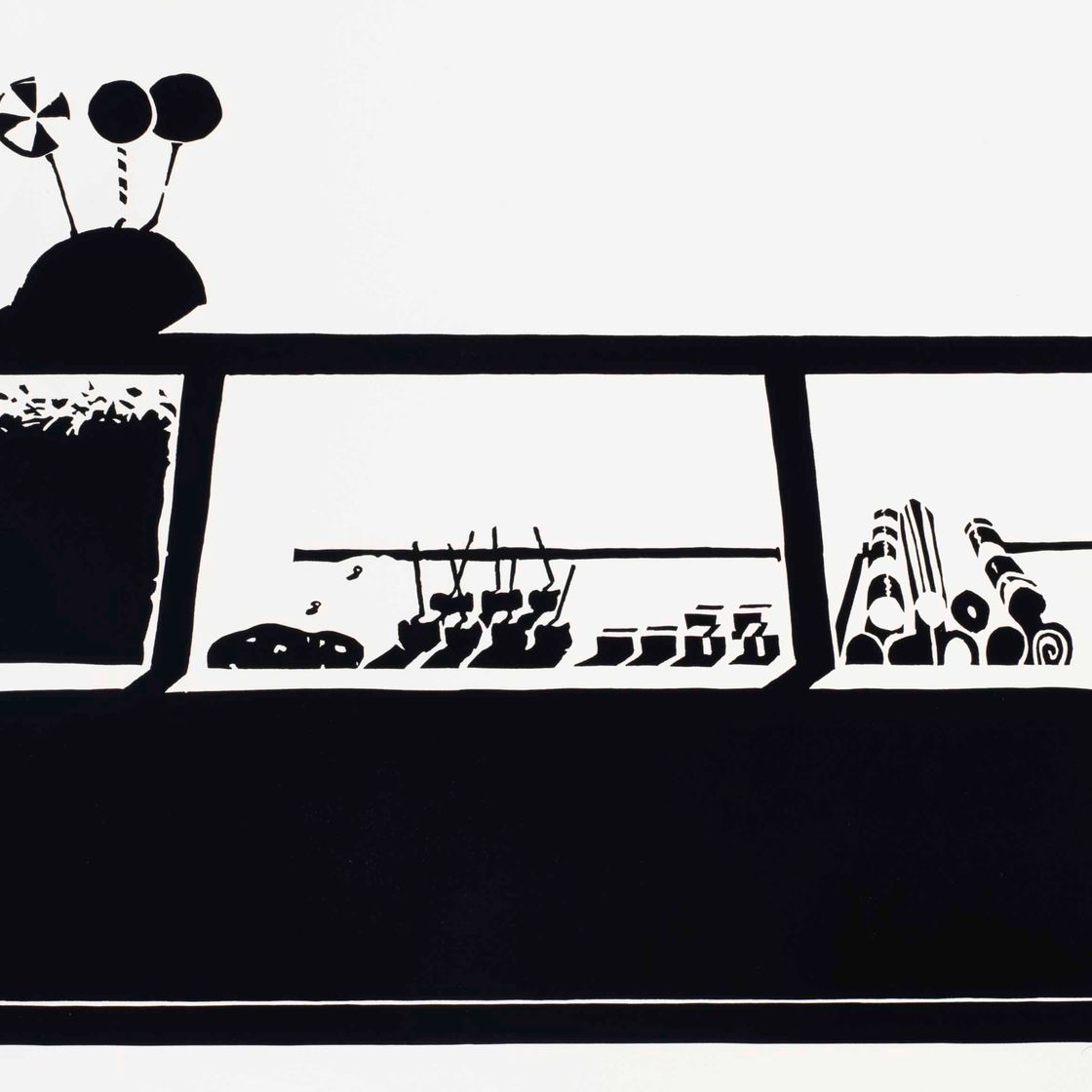 Wayne Thiebaud — Прилавок с конфетами, состоящий из семи натюрмортов и Кролика