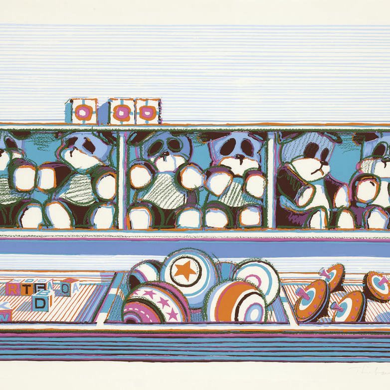 Wayne Thiebaud — Прилавок с игрушками, состоящий из семи натюрмортов и кролика
