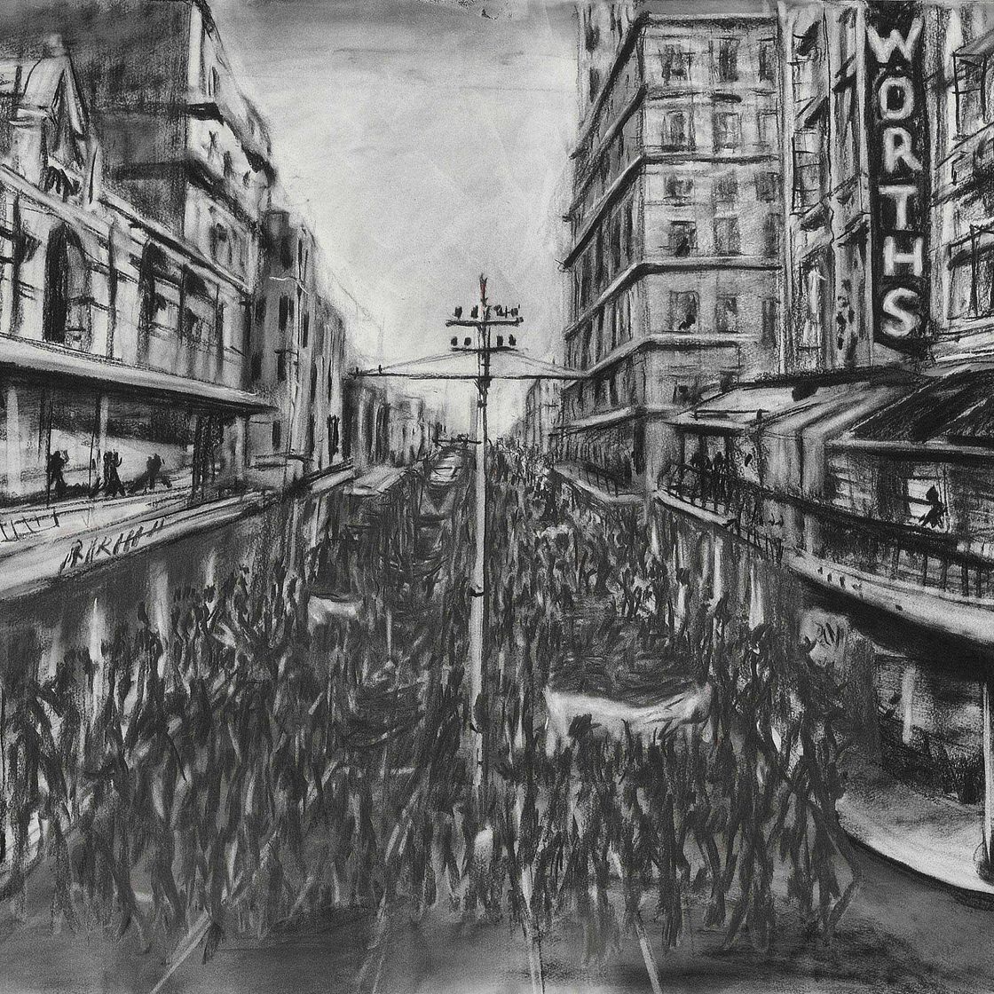 William Kentridge — Рисунок из фильма "Стереоскоп (уличное шествие)"