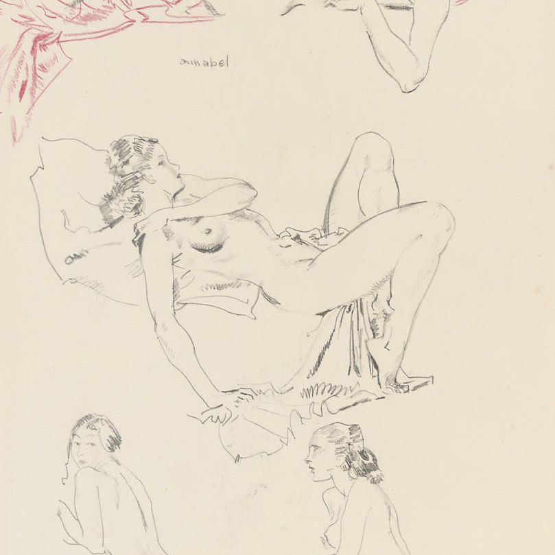 William Russell Flint — Группа рисунков обнаженных женщин, танцовщиц и портретных этюдов без рамок (один иллюстрированный)